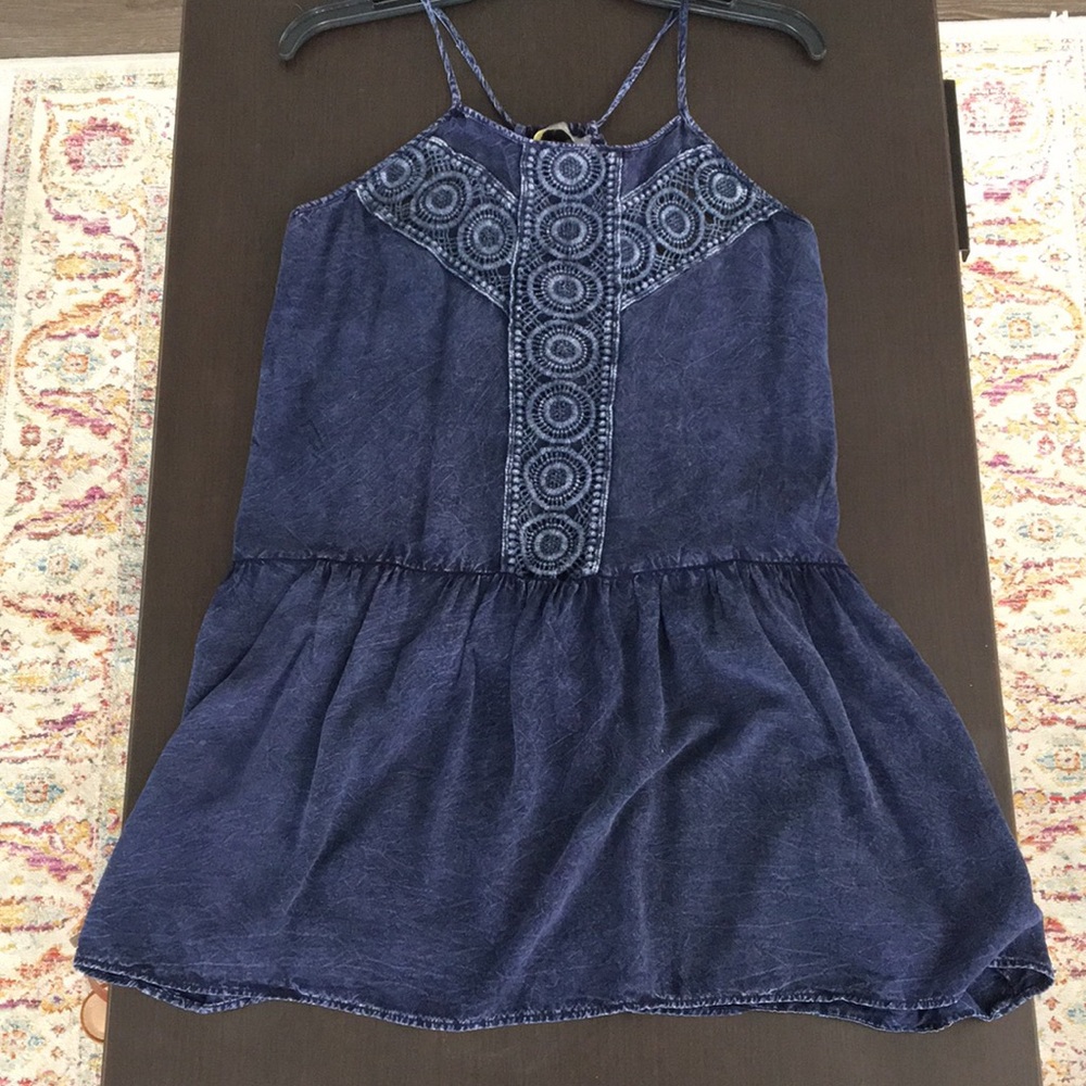 Blue Stone Wash Tunic with Peplum and Crochet top